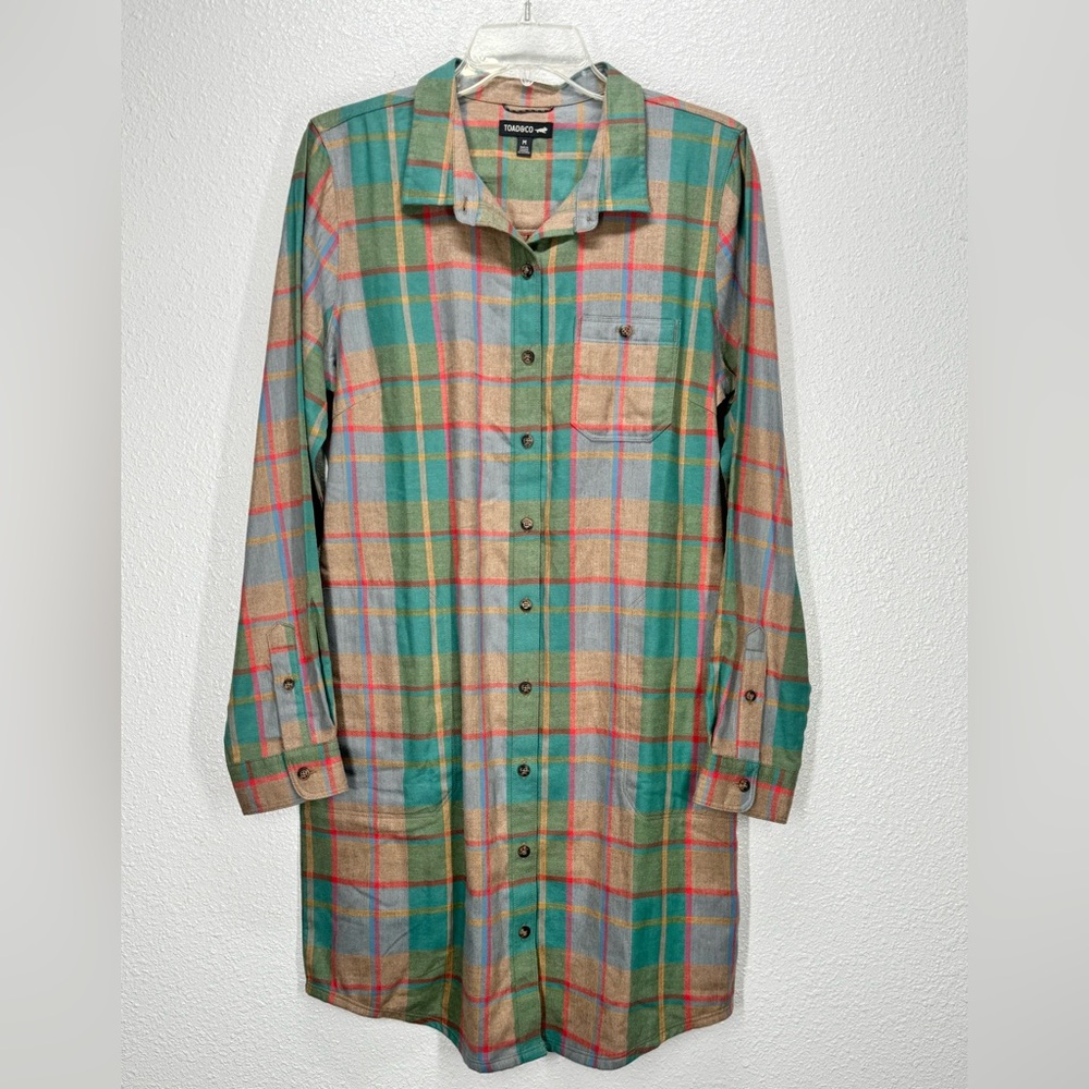 Toad & Co Re-Form Plaid Camas Flannel Button Down Belted Shirtdress Medium